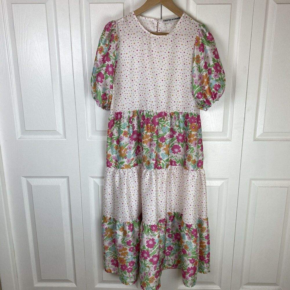 Twisted Wunder Asos Dress 6 Midi Floral Polka Dot A-Line Puff Sleeve Tiered pink